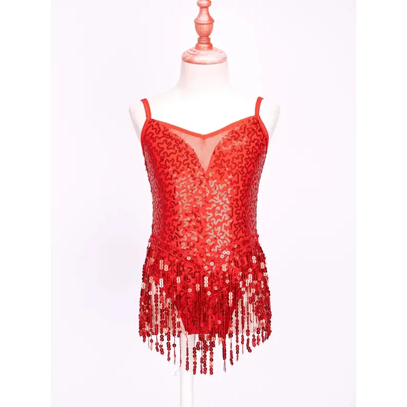 Dziewczęta Latin Jazz Dance Dress Kids Shiny Sequins Tassel Fringe Mesh Ballroom Samba Tango Cha Cha Dance Leotards Rave Costume 2022