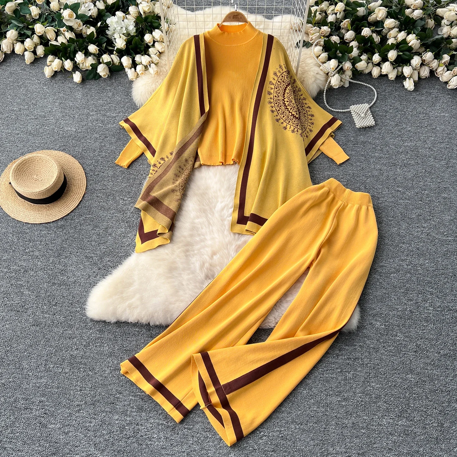 

Women Chic knit Two Pieces Sets lool sleeve PATCHWORK o neck basics split High Waitst Wide pants Fashion Summer Sets