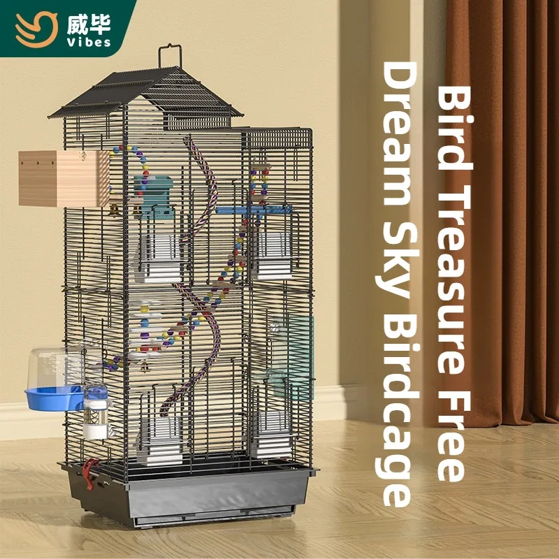 

Horizontal Silk Bird Cage with Accessories Set Large Space Parrot Cage Peony King Size Villa Metal Home Ornamental
