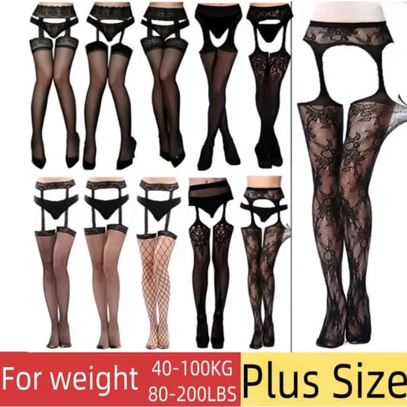 

Plus Size Big Black Hollow Fishnet Suspender Garter Belt Thigh High Lace Stockings Pantyhose Sexy Tights for Oversize Woman XXXL