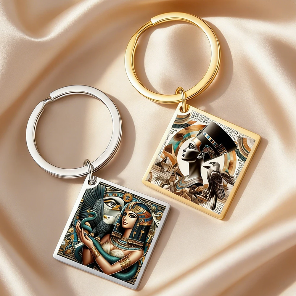 Dawapara Ancient Egyptian Goddess Keychain Queen Nefertiti Anumis Pyramid Multicolor Printing Stainless Steel Keyring