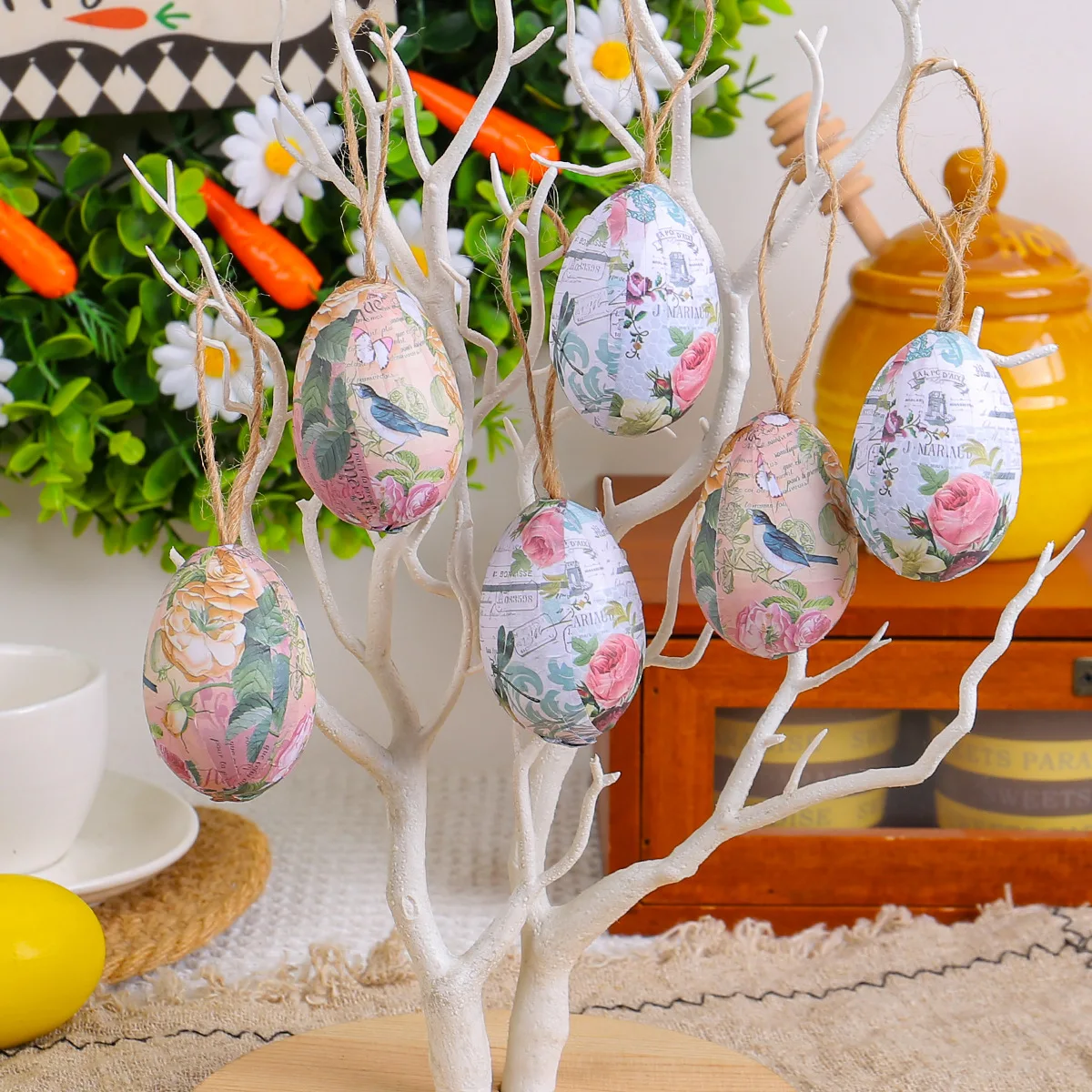 6PCS Easter Egg Hanging Decorations DIY Painting Easter Egg Pendants with Weaving Basket for Easter Party Decor Kids Gifts