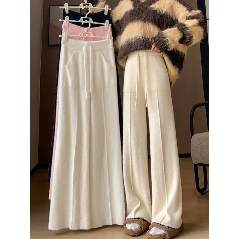 الموسم الجديد المرأة عالية الخصر واسعة الساق محبوك السراويل المستقيمة فو المنك المخملية الرباط لينة مريحة بنطلون TT802 #5