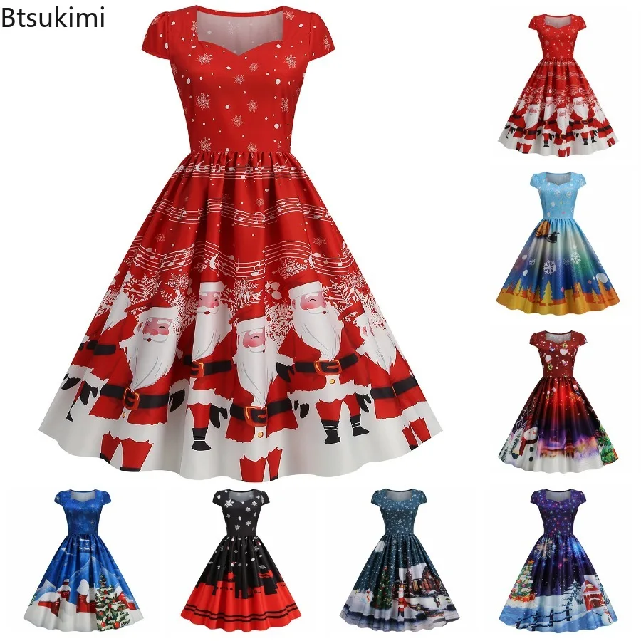 

Women New Fashion Christmas Dresse Santa Claus Snow Print Cocktail Prom Dress Retro New Year Square Collar Short Sleeve Sundress