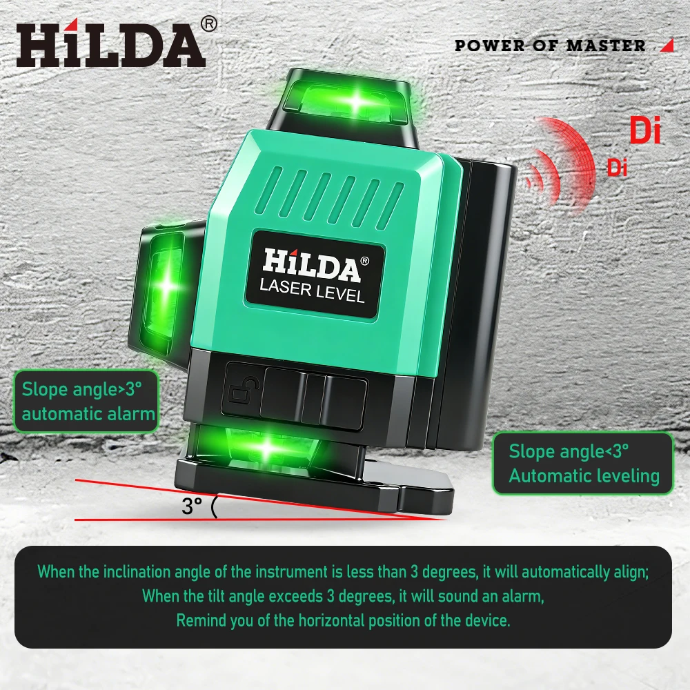 HILDA Super Powerful Green Laser Level 12/16 Lines 360° Horizontal Vertical Cross Line Self-Leveling Portable Laser Tool