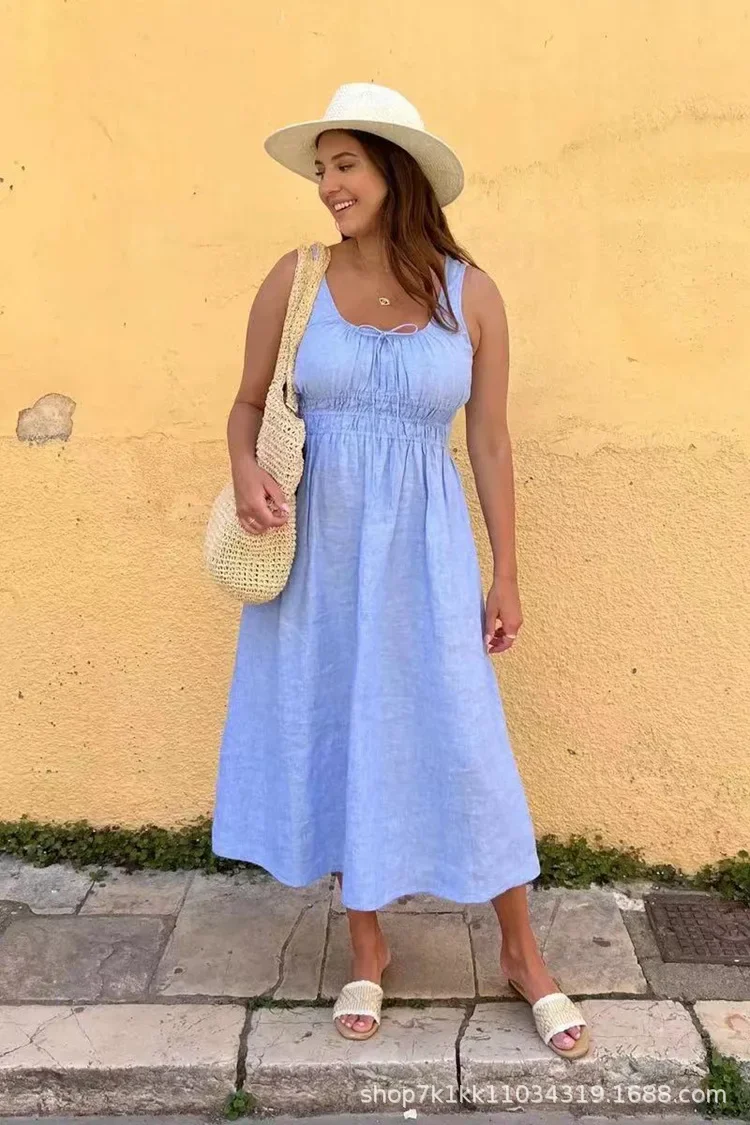 เดรสทรงเอวพลีทสีพื้นแบบเรโทร คอวี ผูกเชือก สายเดี่ยว กระโปรงทรงเอ  สำหรับฤดูใบไม้ผลิและฤดูร้อน รุ่นใหม่สำหรับผู้หญิง