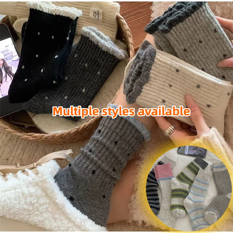 

5 пар корейских полосатых вязаных длинных носков в горошек, повседневные и модные носки для сна, зимние толстые и теплые женские носки