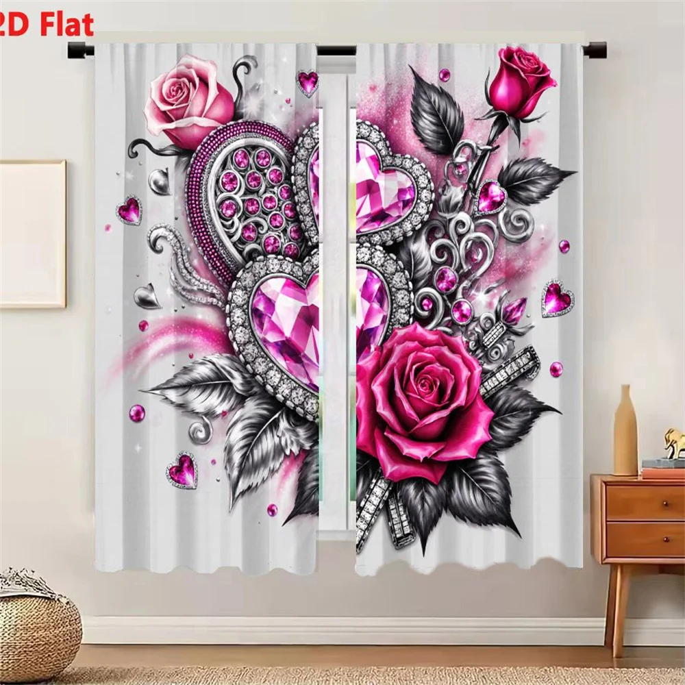 2Pcs Curtains 2D Flat Pink And Silver Heart Rose Decorative Arrangement With Faceted Crystals Leaves And Sparkles Window Drapes