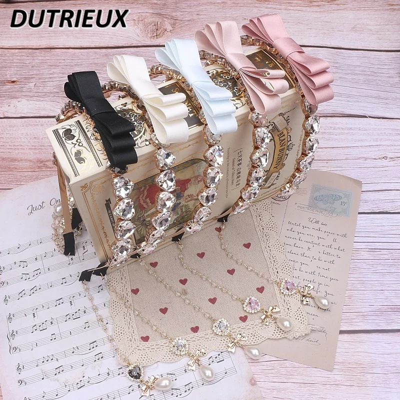 Handmade Sweet Mine Headdress Bow Bead Chain Love Rhinestone Pendant Headband Japanese and Korean Lady Hair Accessories