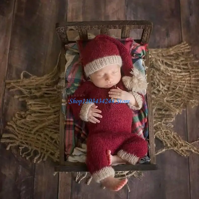 2 Pcs/Set Knitted Jumpsuit Long Tail Christmas Turban Beanie Cap Baby Boy Girl Romper Hat Set Newborn Photography Props