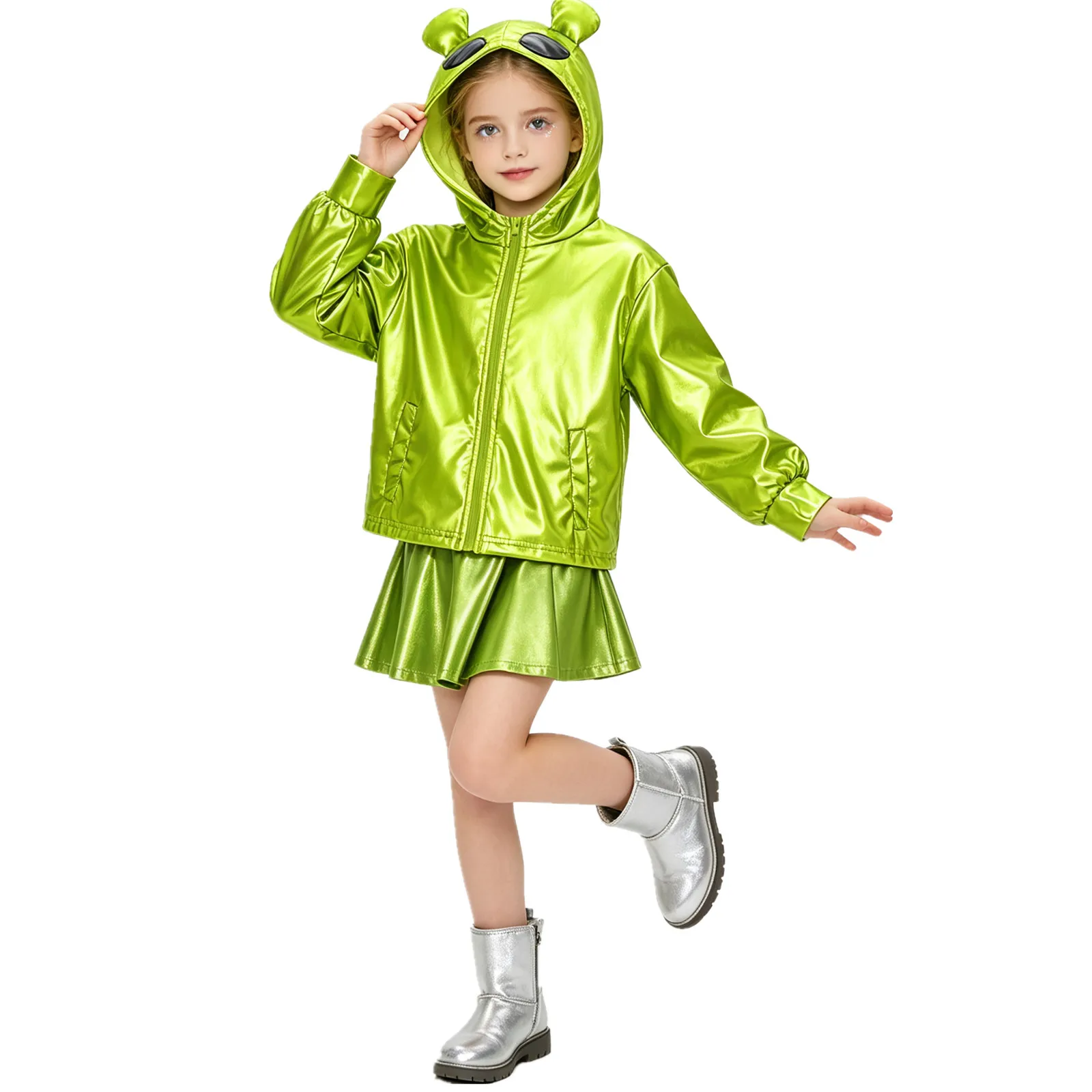 Children Boys Girls Halloween Space Theme Party Alien Robot Cosplay Costume Metallic Shiny Long Sleeve Zipper Hooded Jacket Coat
