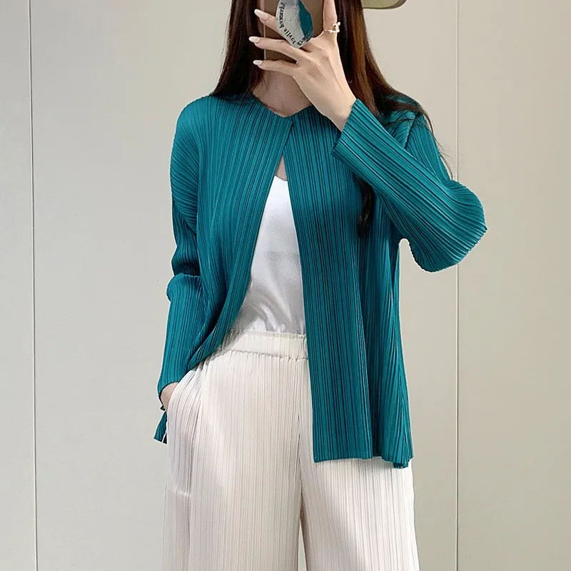 New Cardigan Top 2026 Summer Women Shawl Outerwear Air Conditioning Sun Protection Pleated Shirt Jacket Stretchy Clothing