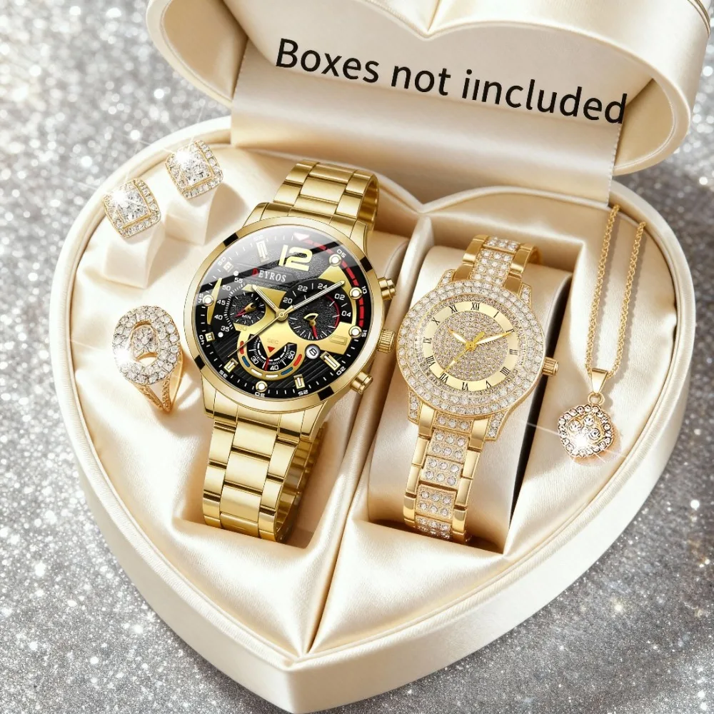 6pcs/set, Fashion Couple Watches & Jewelry Set Combination, Luxury Quartz Watch, Gifts for Ladies and Gentlemen, Christmas