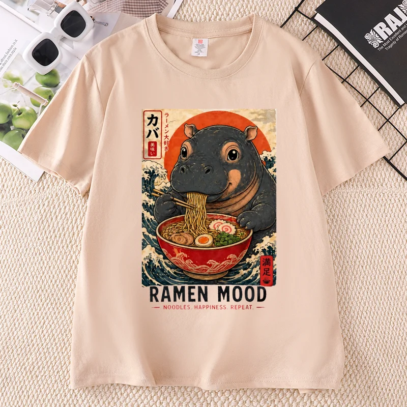 Ramen Mood T-Shirts Cute Hippo Ramen T Shirt Funny Food Graphic Tee Kawaii Animal Tee Men Women Casual Cotton Short Sleeve