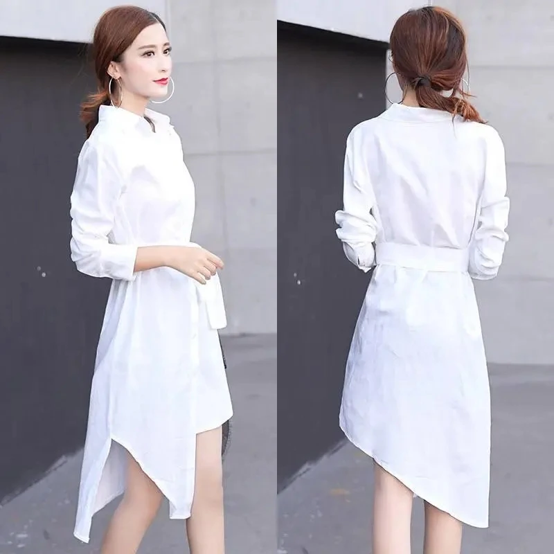 2024 Spring New Long Shirt Female Students Korean Loose Black Sexy Dress bottoming White Shirt Long-Sleeve Sunscreen Clothing A5