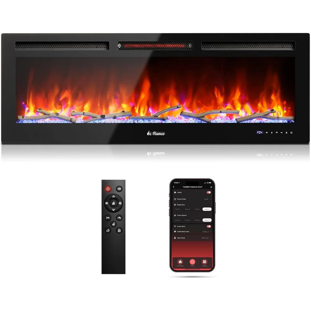 NEW TURBRO 50” Smart WiFi Infrared Electric Fireplace Realistic Flame, 1500W Quartz Heater, Recessed or Wall Mounted