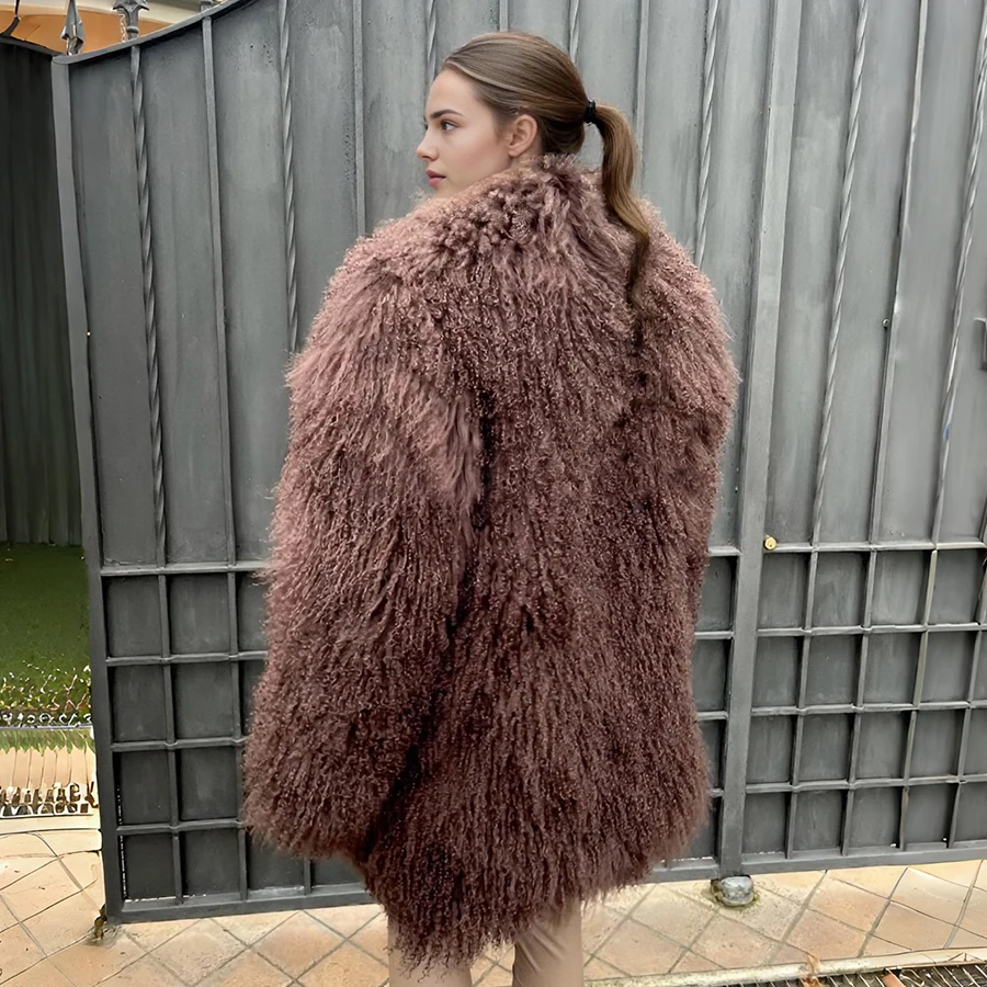 Natural Mongolian Lamb Fur Jackets Long Lamb Coats Women Fashion Luxury Womens Rabbit Coat With Lapel