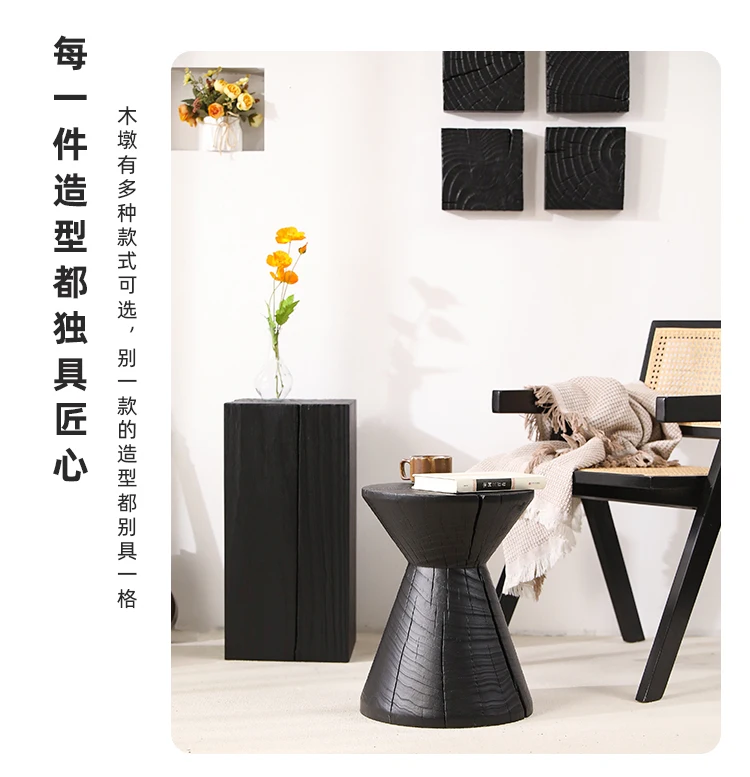 Wabi-Sabi Charred Wood Side Table Handcrafted Tree Stump Stool with Natural Texture Bedside Coffee Table for Home Decor