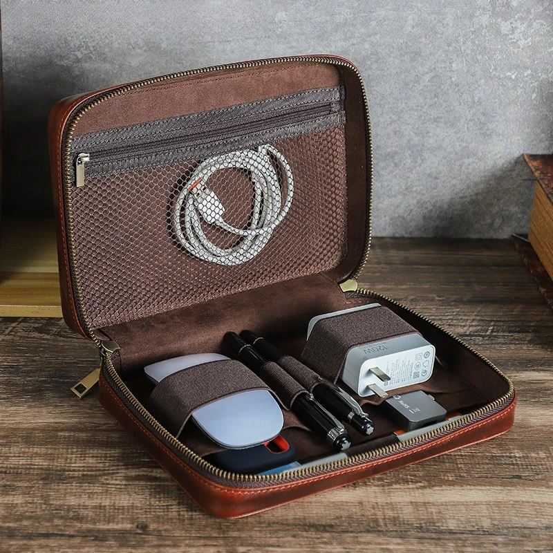 Data cable storage bag Brown full-grain cowhide large-capacity portable digital accessories storage bag