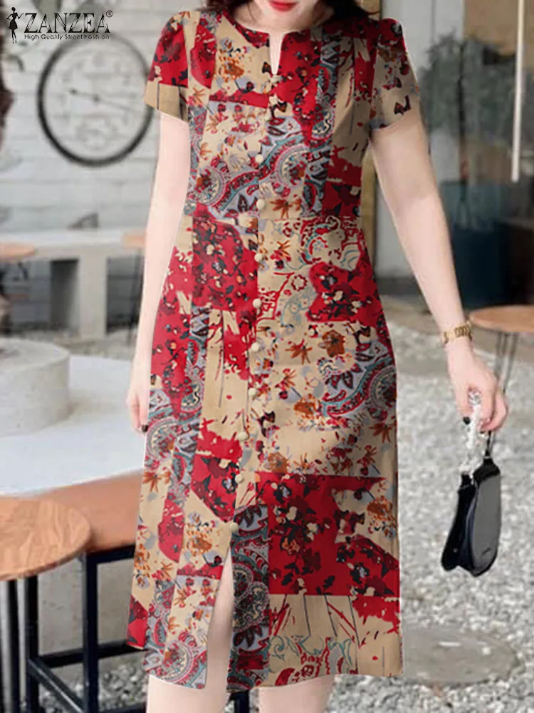 ZANZEA Women Cotton Midi Dress Fashion Floral Printed Vestidos Korean Vintage Short Sleeve Robe Holiday Oversized Slit Sundress