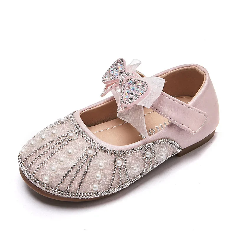Chaussures de performance en cristal brillant pour filles, chaussures plates à nœud en maille pour enfants, mode princesse douce, tempérament élégant, printemps, nouveau, 2024