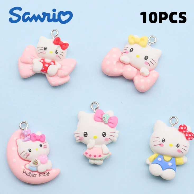 10PCS Cartoon Character KT Cat Cute Animal Bow Moon Resin Material DIY Earrings Accessories Keychain Pendant Necklaces Jewelry