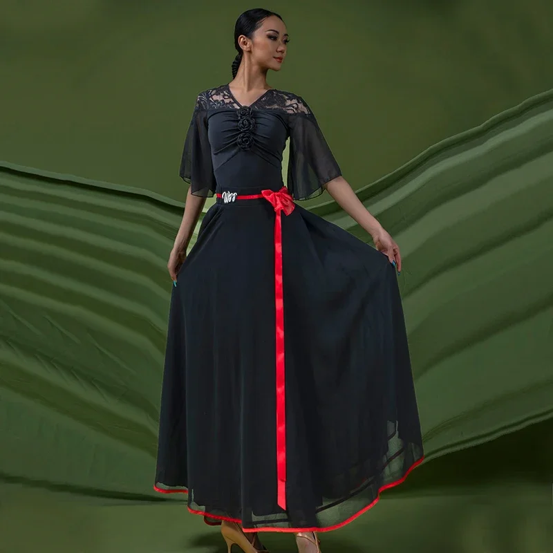 Nouveaux Costumes de danse de salle de bal valse maille noire haut Latin jupe longue femmes costumes de danse moderne vêtements de Performance sur scène SL10393