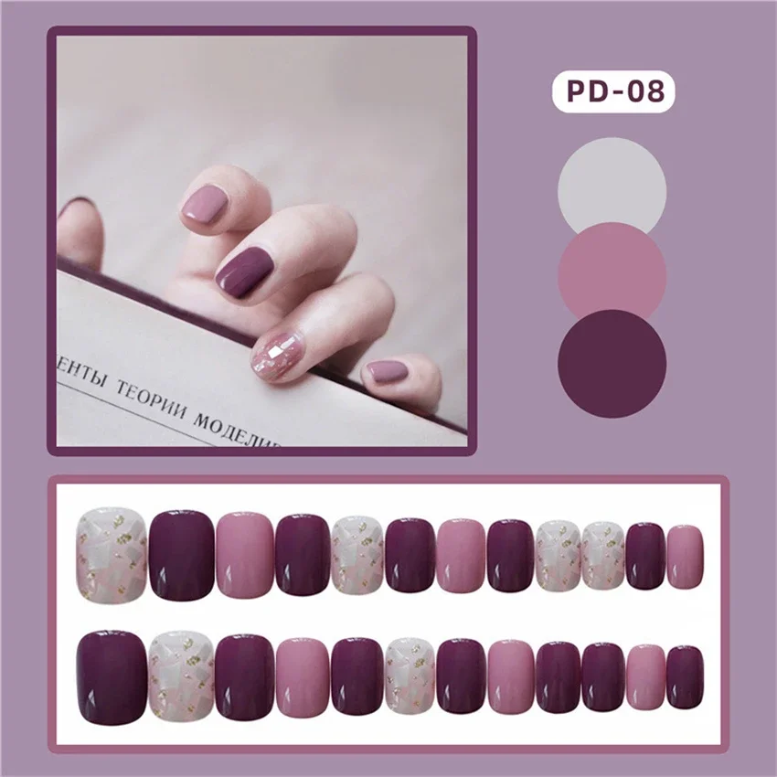 Unhas falsas de cor sólida para meninas, pontas de unhas falsas de cobertura total, prensa de adesivo e acrílico, removível e removível, uso curto, 24 pcs/set