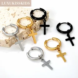 LUXUKISSKIDS Punk Woman/Men Cross Earrings Stainless Steel Religion Hanging Drop Earing Round Crosses Pendients Minimalist Clip