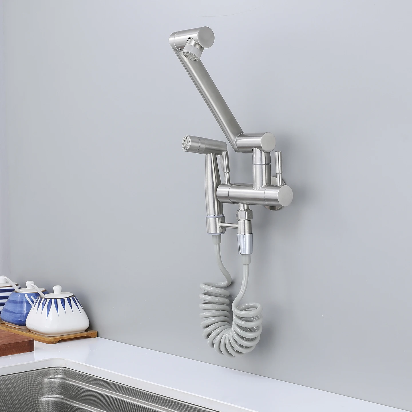Wall Mounted Kitchen Sink Faucets with Sprayer Modern 2 Function Vessel Sink Faucet Single Cold Folding Sink Faucets Brushed