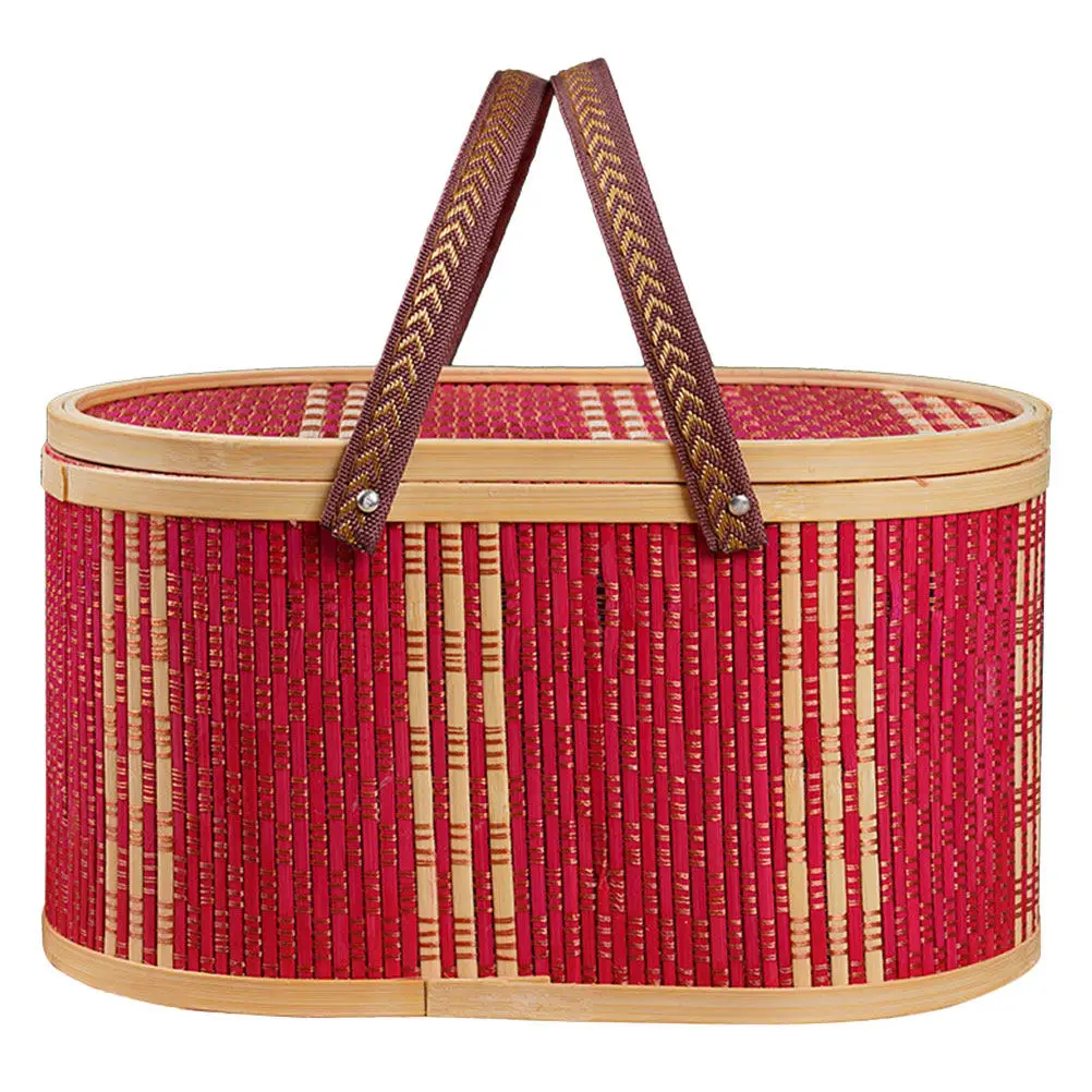 

Oval Woven Bamboo Basket Portable Swing Handle Decorative Storage Bin for Household Organization Outdoor Picnic Fruit Toiletries