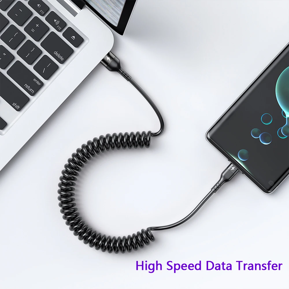 66W 5A USB Type-C Fast Charging Data Spring Telescopic Cord For Samsung S24 Xiaomi Huawei Android Phone Car USB C Charging Line