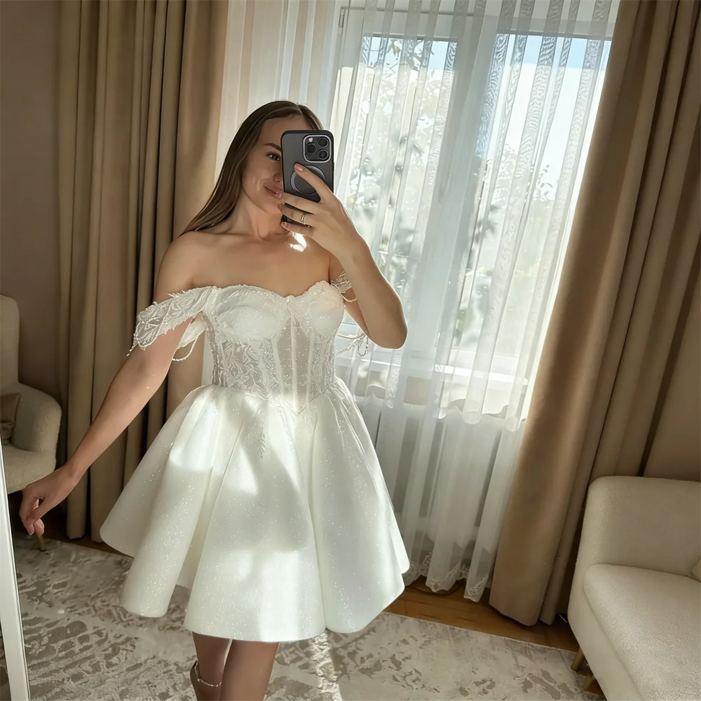 Customized New Arrival Off Shoulder Sweetheart Neckline Mini Wedding Dress Elegant Lace-up Back Short Length Gown For Bride