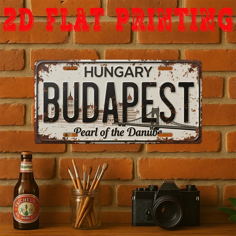 HD Aluminum Metal Sign, Budapest Hungary Pearl of the Danube Vintage License Plate Style Wall Decor, Retro Cityscape Danube Rive