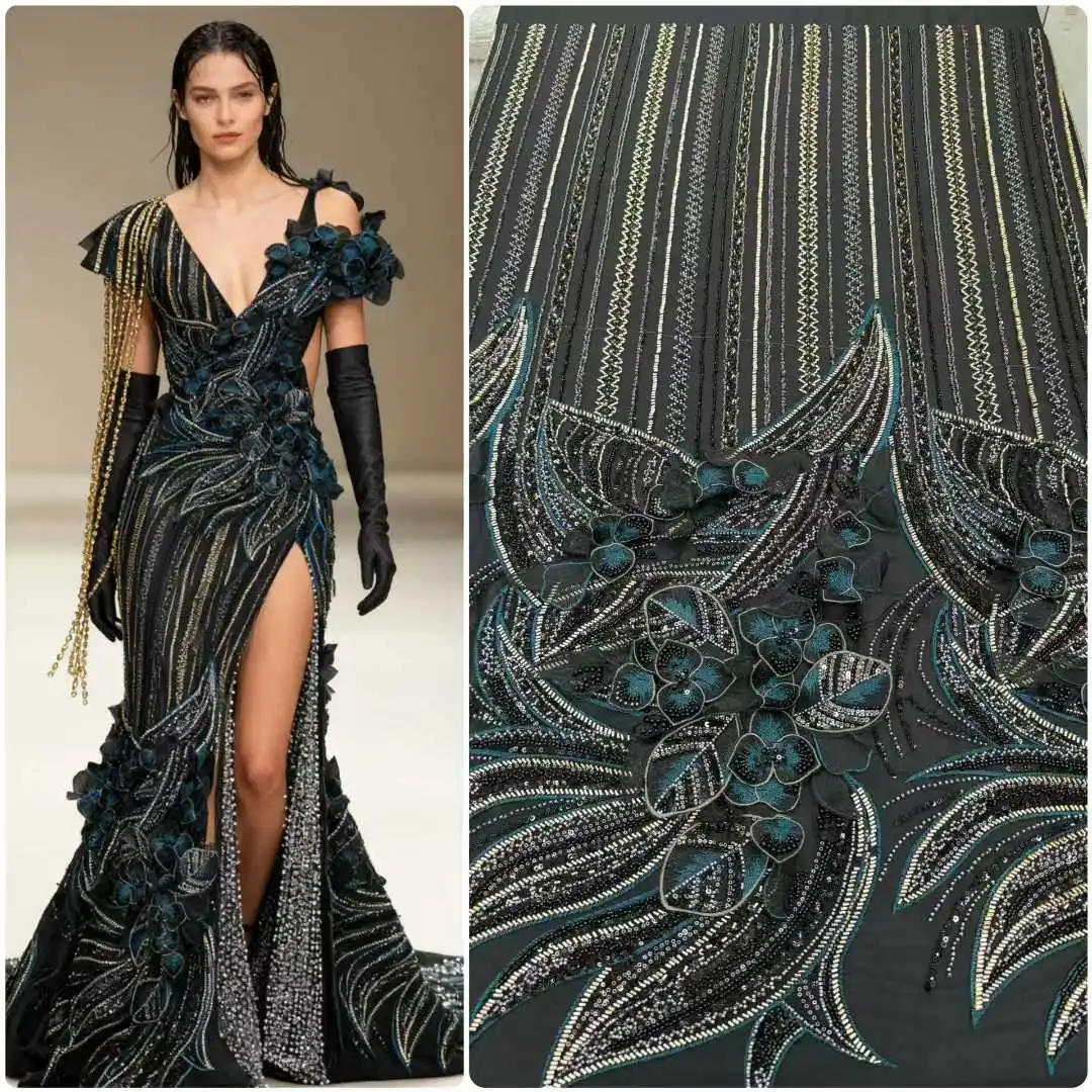 

African Bead Lace Fabric 2026 High Quality Nigeria French 3D Mesh Lace Fabric Embroidered Dubai Lace Sequins For Wedding Dress