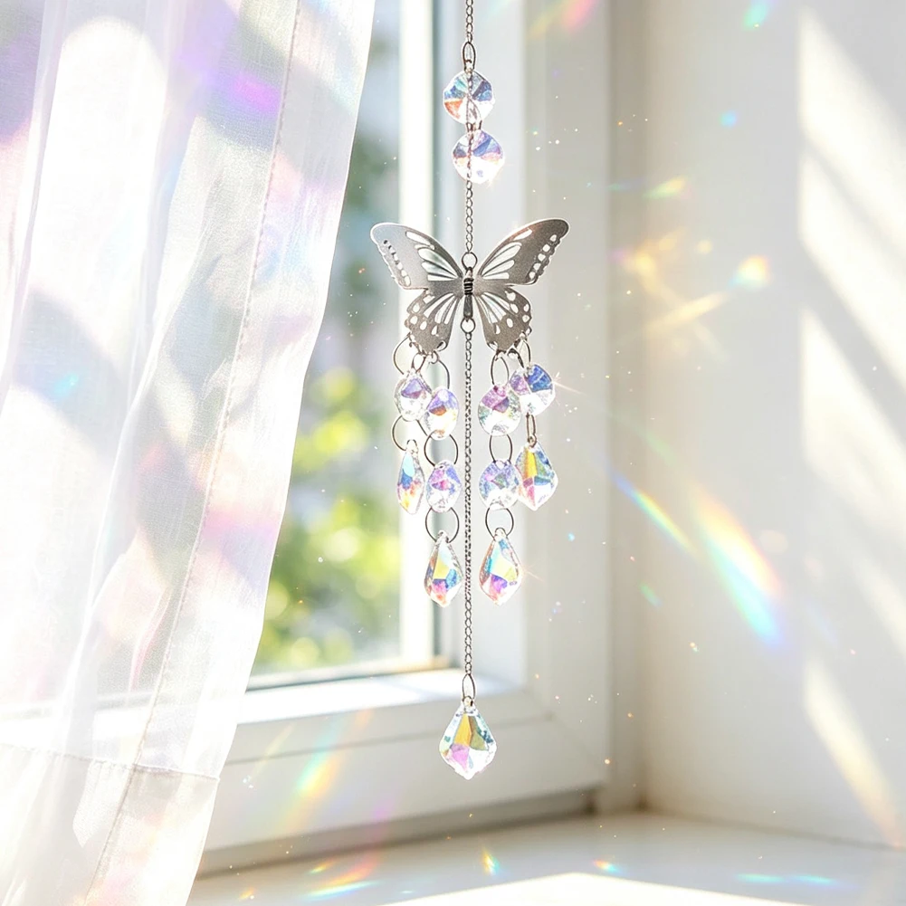 Silver Butterfly Crystal Suncatcher AB Iridescent Prism Teardrop Pendant Hanging Ornament Window Garden Decor Rainbow Maker