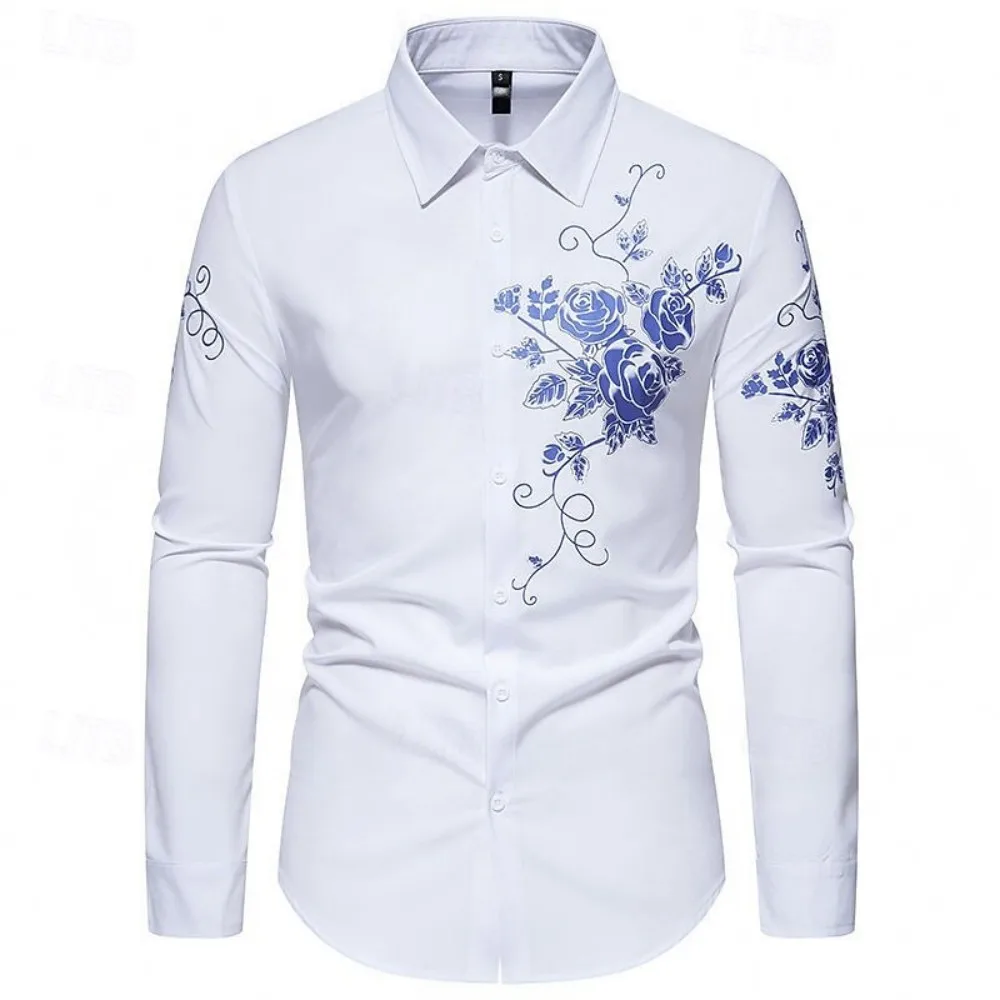 2026 Men's Fashion Clothing, Rose Wedding Party Large Print Long Sleeve Collar Spring and Autumn Clothing, 18 Different Colors