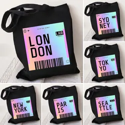 Paris New York Tokyo London Miami Boarding Pass Cute Women Canvas Shoulder Handbag Tote Eco Reusable Cotton Cartoon Shopping Bag