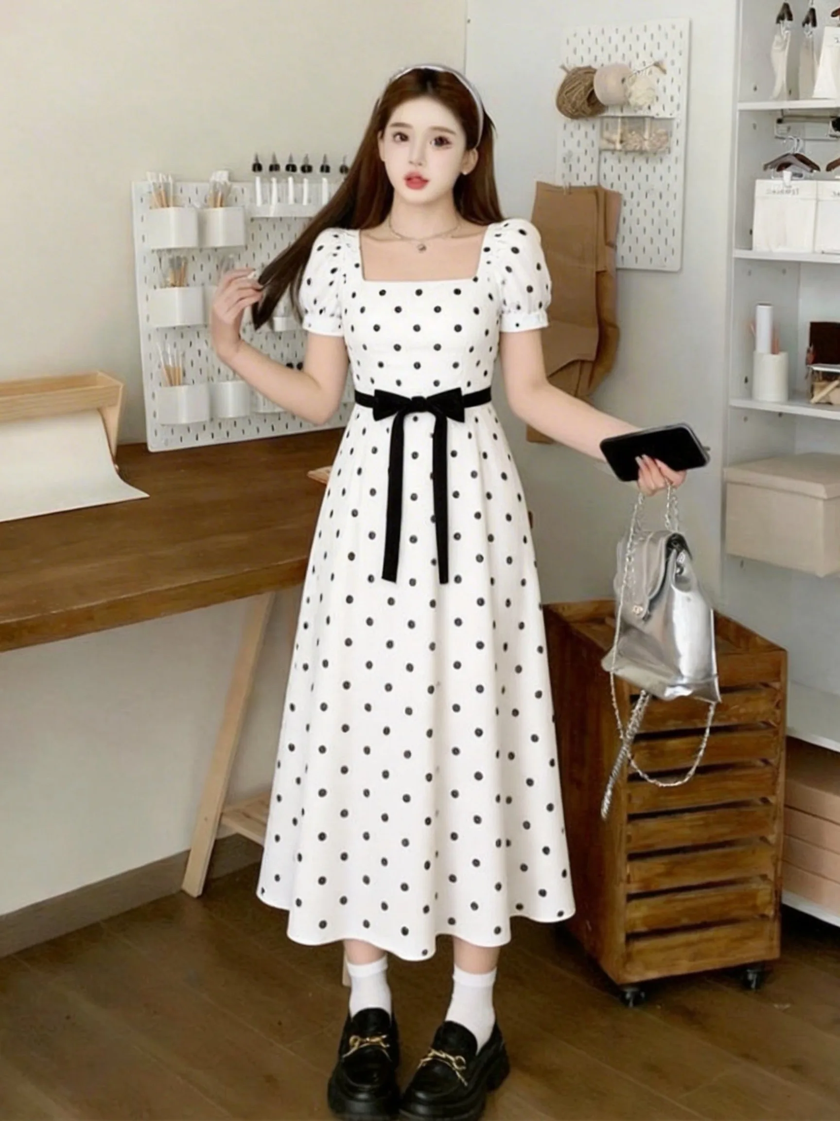 

Летнее платье в горошек с коротким рукавом и квадратным вырезом, А-силуэт, женское винтажное платье с завязками на талии в стиле принцессы