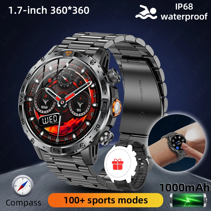 

1000mah Large Battery Smart Watch 2026 New Men Flashlight Military Outdoor Watches Compass Bluetooth Call Waterproof Smartwatch
