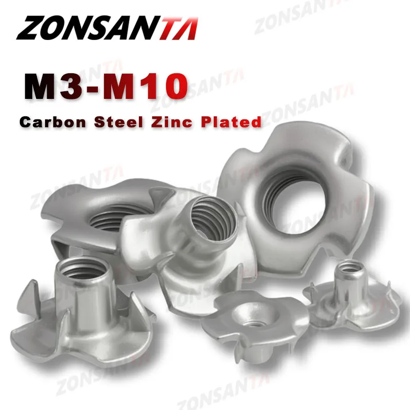 5/10/50Pcs Zinc Plated Carbon Steel Four Claws Nut M4 M5 M6 M8 M10 Speaker T-nut Blind Pronged Insert Tee Nut Furniture Hardware