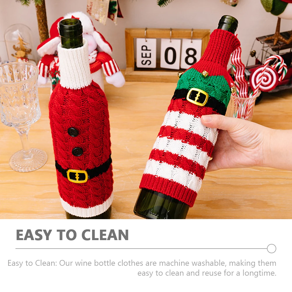 

2Pcs Christmas Bottle Cover Decorative Red Belt Striped Elf Reusable Cloth Material Fits Most Bottles Perfect Holiday Decor