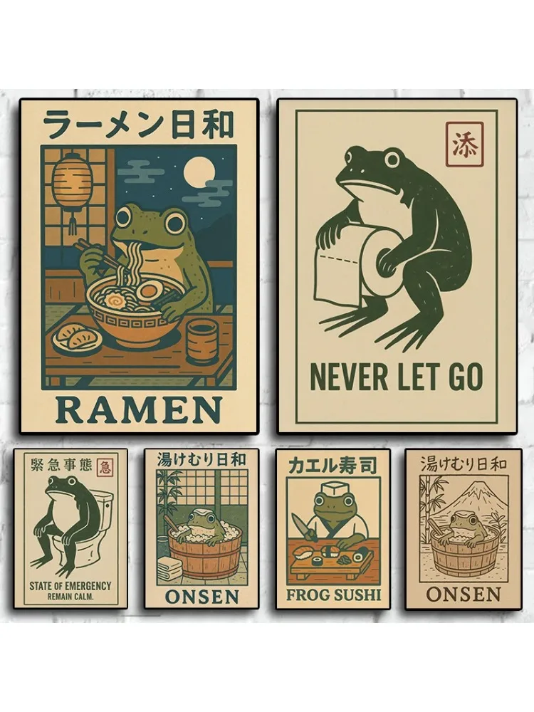 Canvas Wall Art Set of 6 Funny Frog Japanese Retro Poster, Unframed Vintage Asian Ramen Onsen Print for Kitchen Home Wall Decor