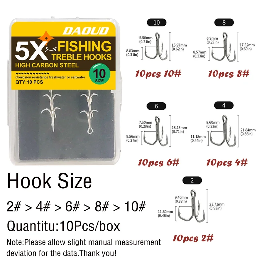 5X Treble Hooks Kit 10pcs Sharp Treble Fishing Hooks Set High Carbon Steel Classic Round Bend Triple Fishing Hook for Catfish