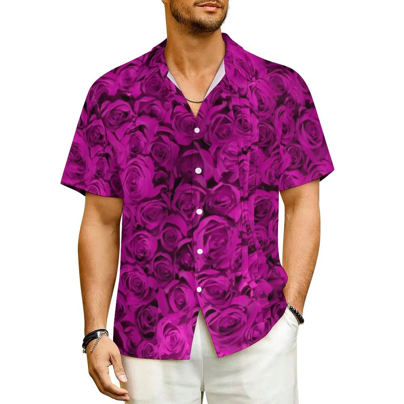 

Pink Rose Floral Beach Shirt Flowers Print Summer Casual Shirts Male Elegant Blouses Short-Sleeved Stylish Pattern Top