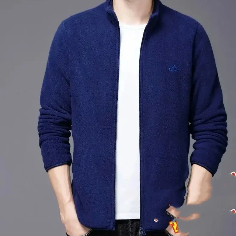 Men's Autumn Winter Turtleneck Solid Zipper Embroidered Flocking Pockets Long Sleeve Cardigan Coats Casual Office Lady Tops