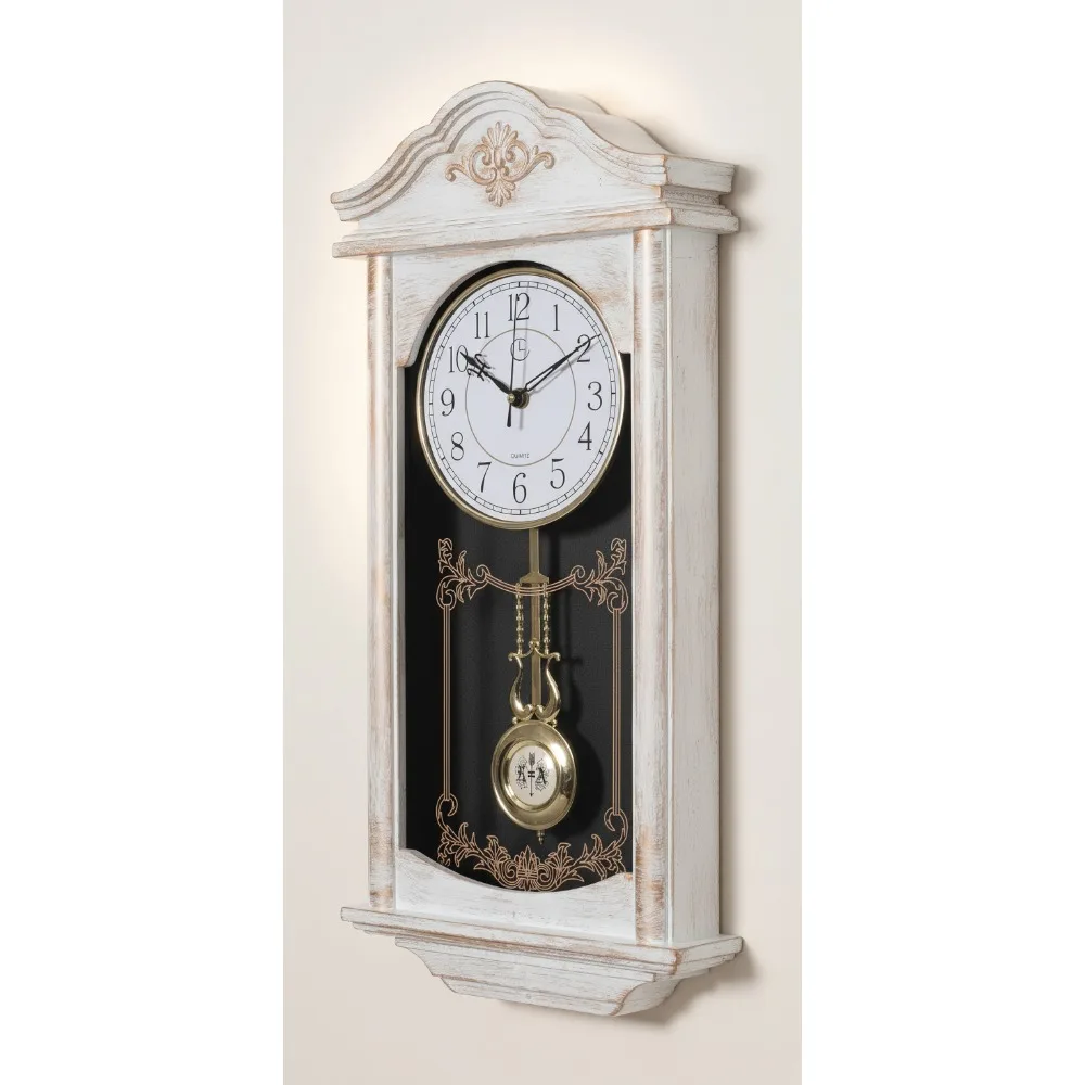 

Vintage Grandfather Wall Clock Large Wood-Look Plastic Pendulum Battery Powered for Living Room Kitchen Dining