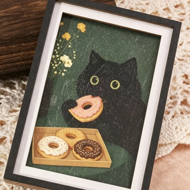 Cute Black Cat Donut Mini Fridge Magnet, Vintage Wooden Frame Art Decor for Kitchen Refrigerator, Home & Office Ornament Gift