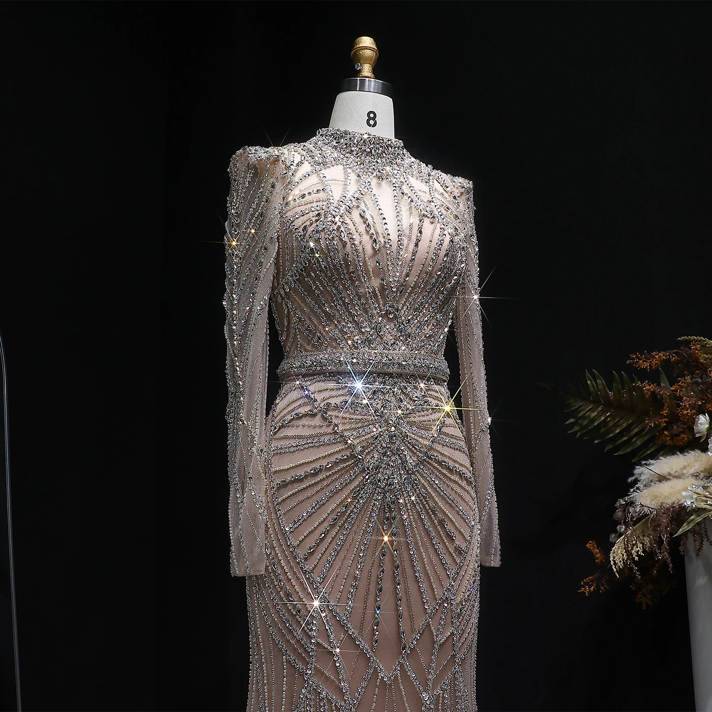 Sharon Said Luxuriöses Weinrotes Abendkleid mit Perlen-Kristall-Verzierung Elegantes Champagner-Festkleid für Damen SS186 Maßanfertigung – Detail 7