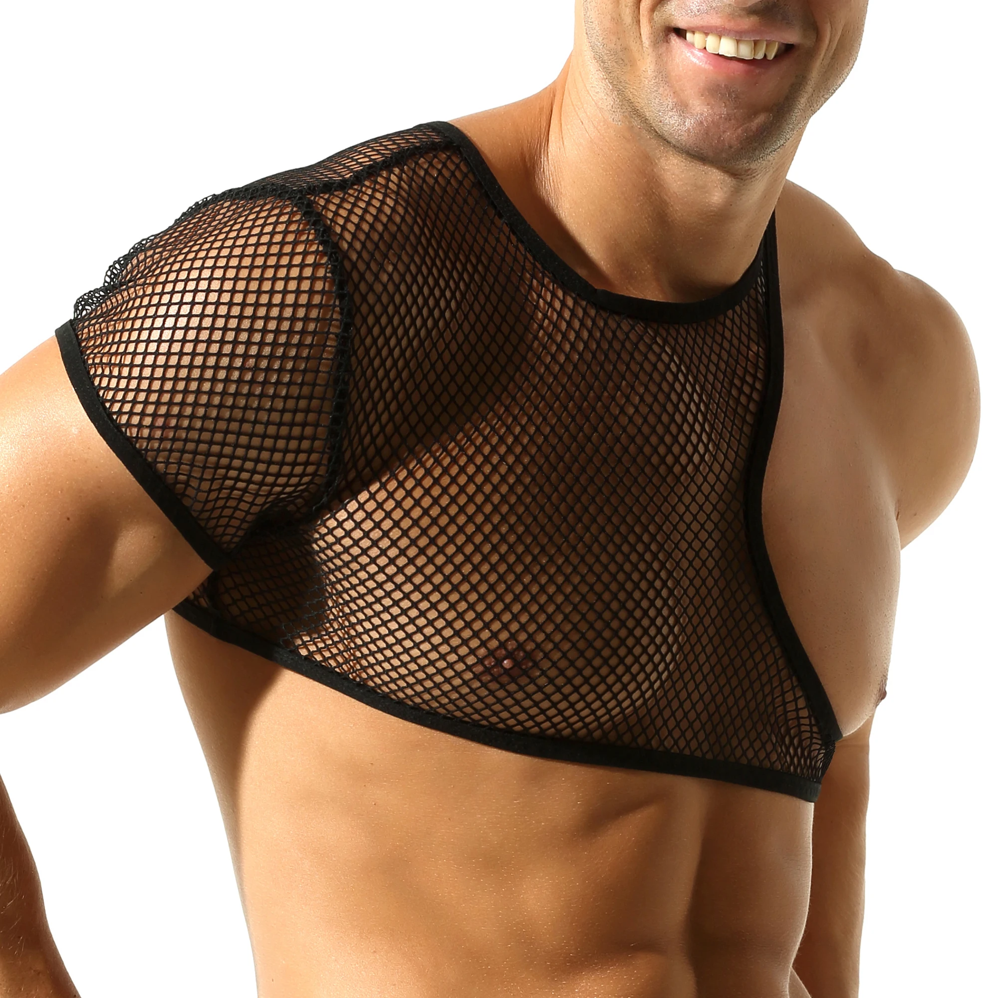 

Новые мужские черные сетчатые топы с отверстиями/лакированной кожи, односторонние сексуальные жилеты с открытой грудью и короткими рукавами, эластичные майки